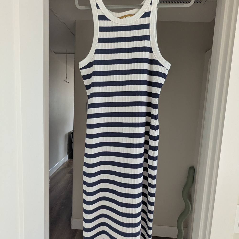 MOTHER Blue and White Halter Sheath Midi Dress